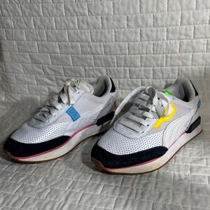 Puma Future Rider Finish sneakers in a white, black, and fluorescent pink